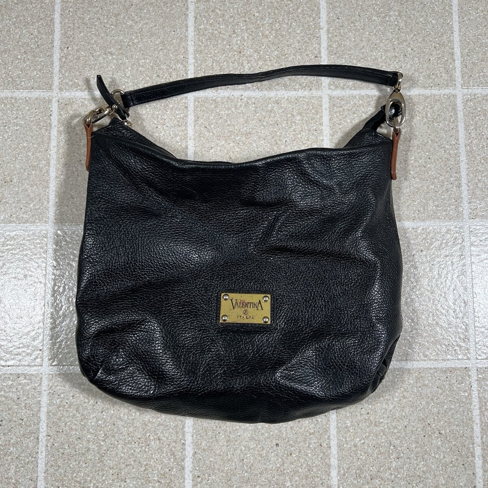 Valentina Italia Black Tan Pebbled Leather Small Shoulder‎ Bag Genuine Leather